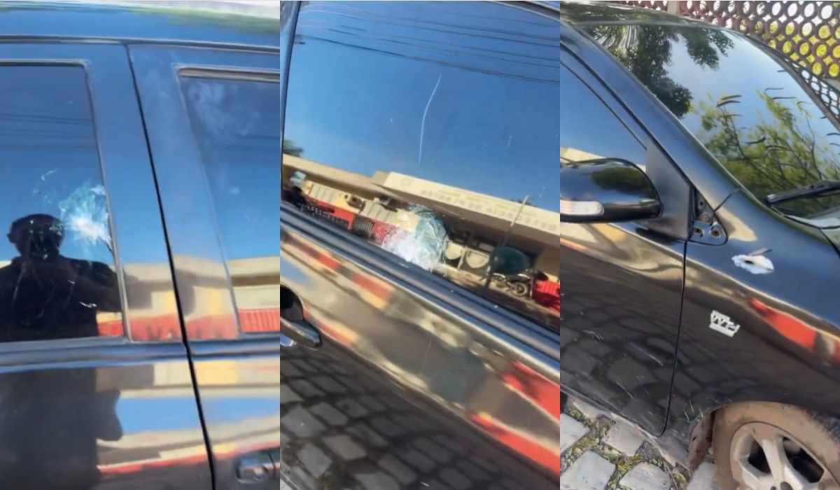 Suposto carro usado no atentado foi encontrado abandonado próximo à área dos disparos e com marca de tirosFoto: X.com/Reprodução/ND Mais
