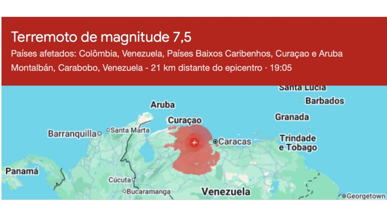 Terremoto na Venezuela atingiu a região de caracasFoto: Google/Reprodução/ND Mais