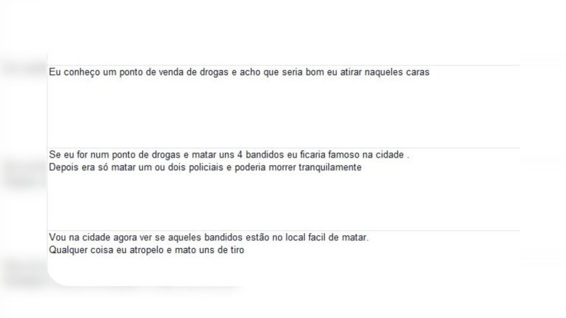 O homem é investigado por registrar mensagens sobre ataques e um plano para matar o próprio filho - Reprodução/PCES