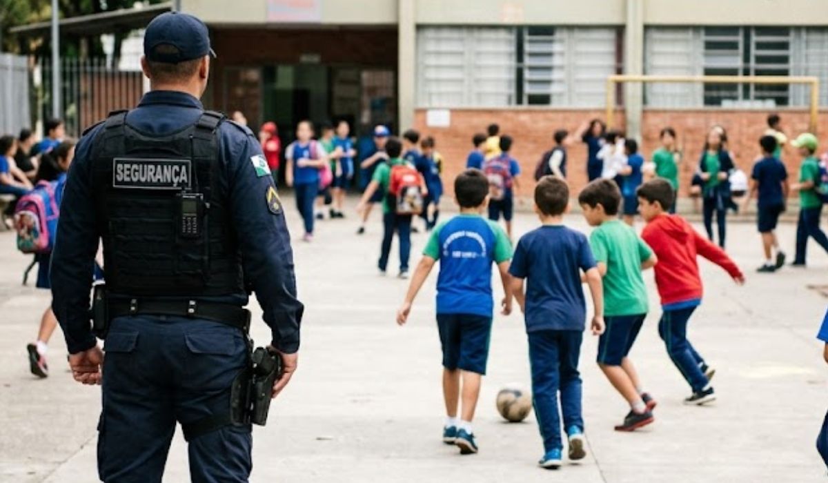 Adolescente de 17 anos havia comprado a arma de pressão pela internet e a levou à escola para mostrá-la aos colegas. Imagem mostra policial em escola com crianças ao fundo.