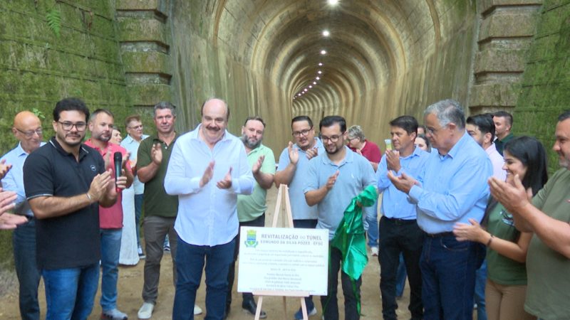 Após cinco décadas escondido pela vegetação, o maior túnel ferroviário de Santa Catarina, em Apiúna, ganha vida nova e iluminação moderna. - Gustavo Féo/NDTV/ND Mais