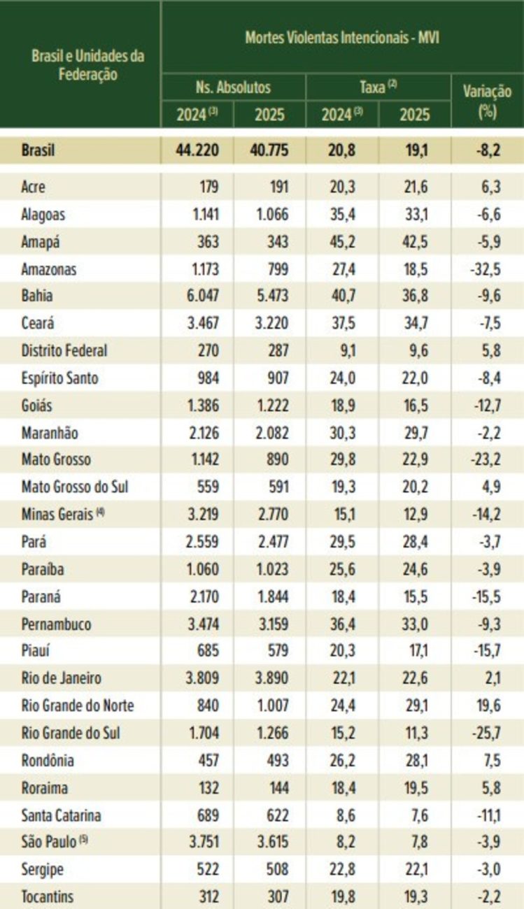 Tabela com as taxas de Mortes Violentas Intencionais por estado 