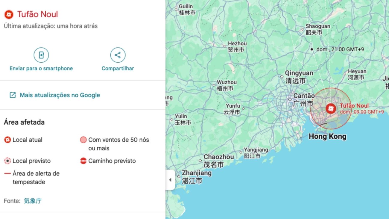 O tufão Noul atingiu o litoral do sul da China com ventos de até 145 km/h, provocando a retirada de 340 mil pessoas e o cancelamento em massa de voosFoto: Google Maps/Reprodução/ND Mais
