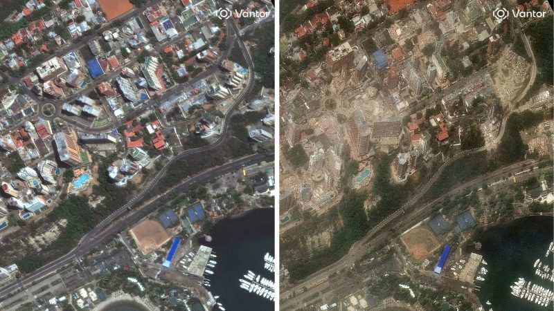 Imagem aérea mostra o antes e o depois de uma das cidades atingidas pelos terremotos na Venezuela.