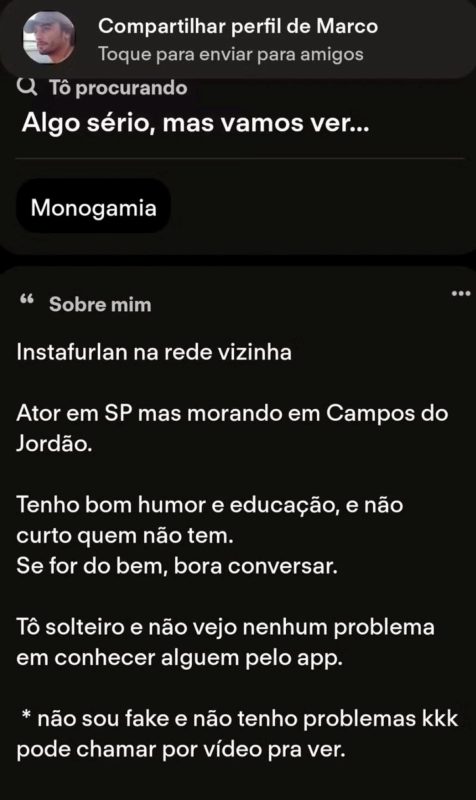 Veja descrição da bio de Marco Furlan em app - Reprodução/ND Mais